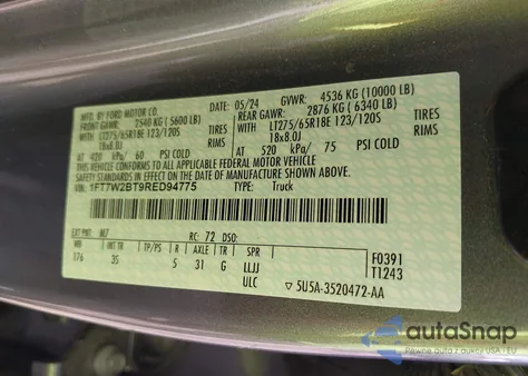 2024 Ford F-250 Xlt from USA, damaged, VIN 1FT7W2BT9RED94775